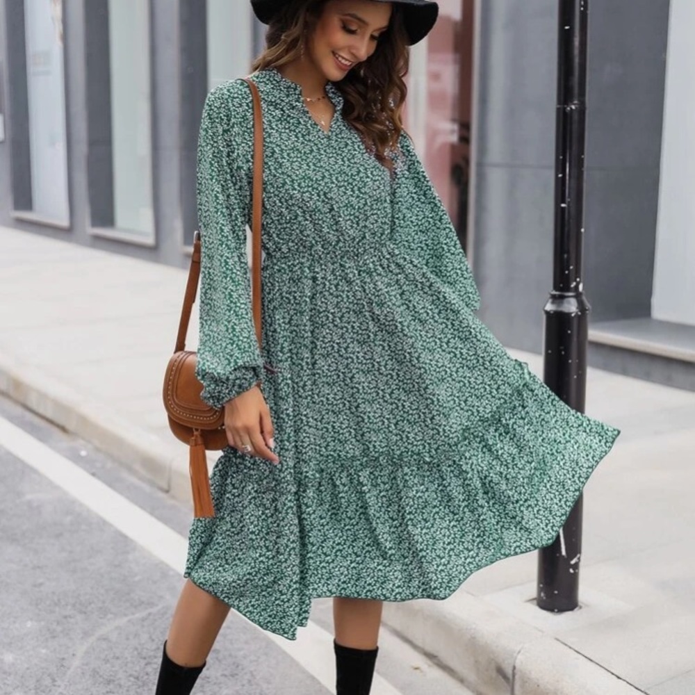 Ditsy Floral Ruffle Hem Bishop Sleeve Dress